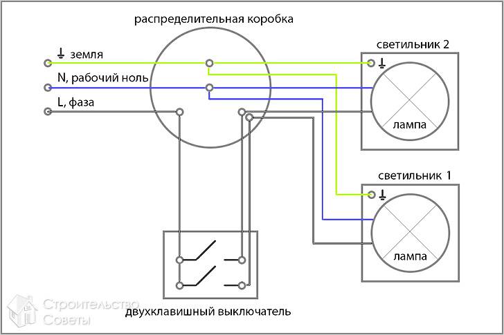 Схема подключения двухклавишного выключателя