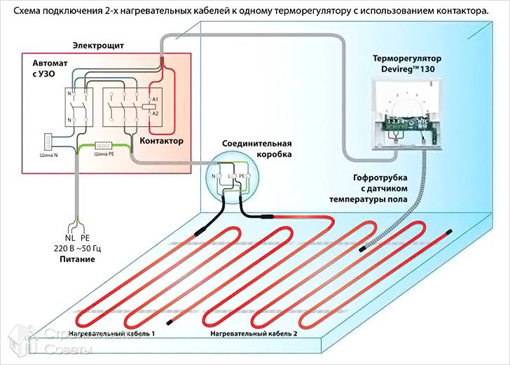 Схема подключения двух нагревательных кабелей